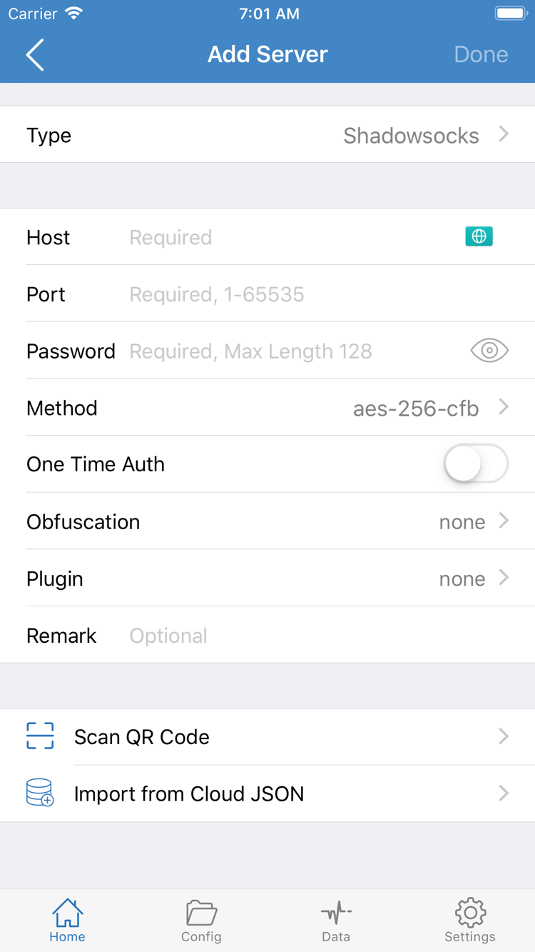 Shadowrocket 官方 Add Server 页面，显示 Type、Host、Port、Password、Method 及导入入口