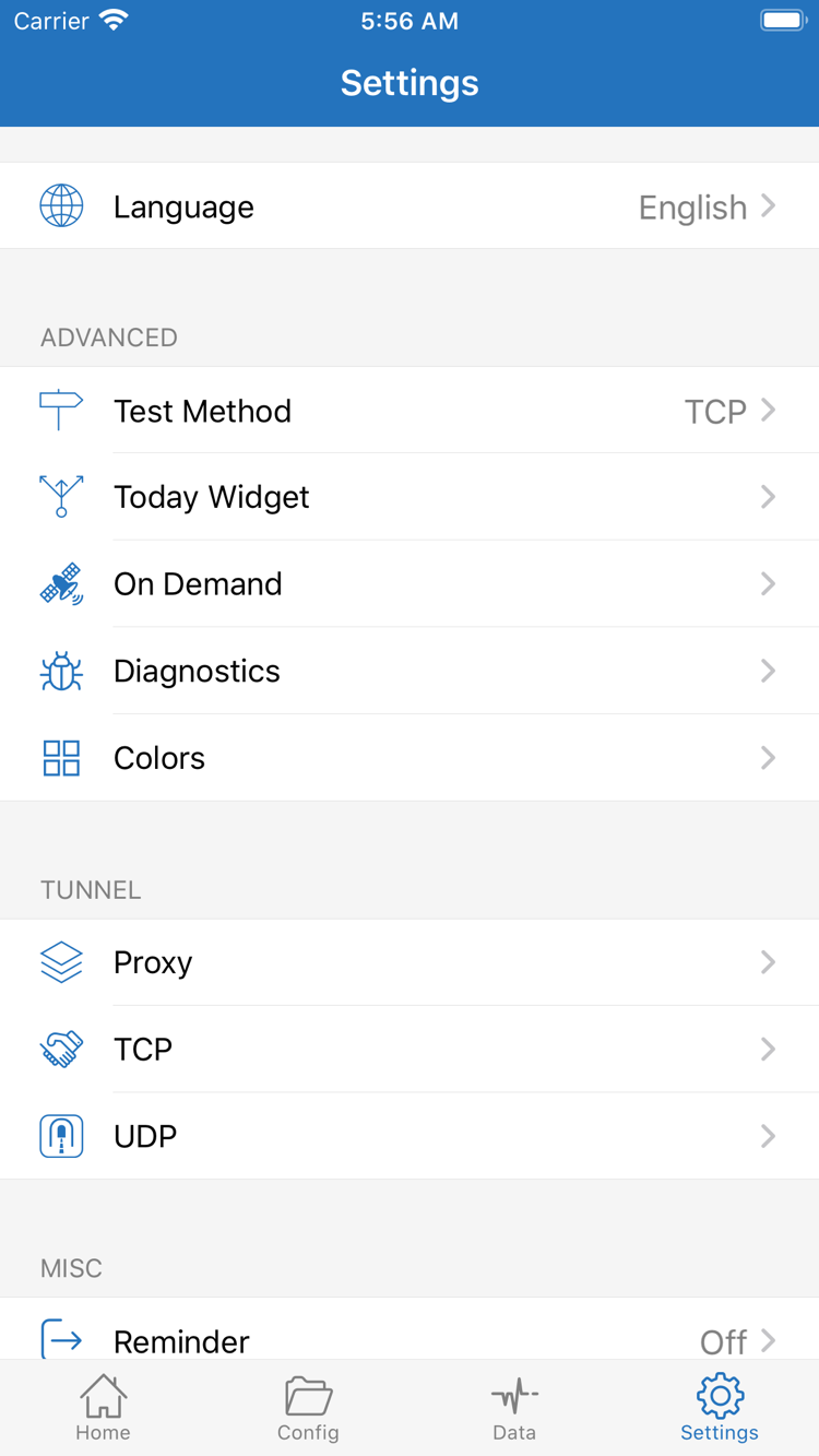 Shadowrocket 官方 Settings 页面，显示 Language、Test Method、Today Widget、On Demand、Diagnostics、Proxy、TCP 与 UDP