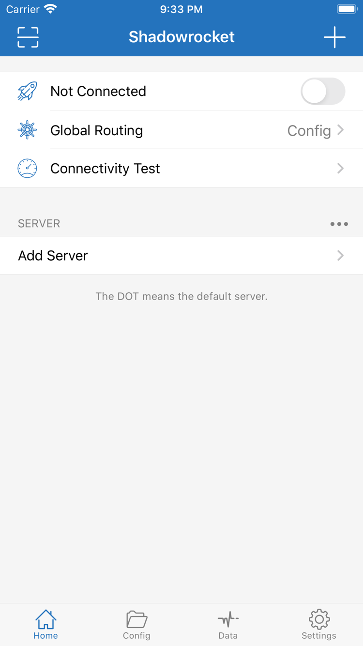 Shadowrocket 官方 Home 页面，顶部显示 Not Connected 开关、Global Routing 和 Connectivity Test，下方为 SERVER 分组
